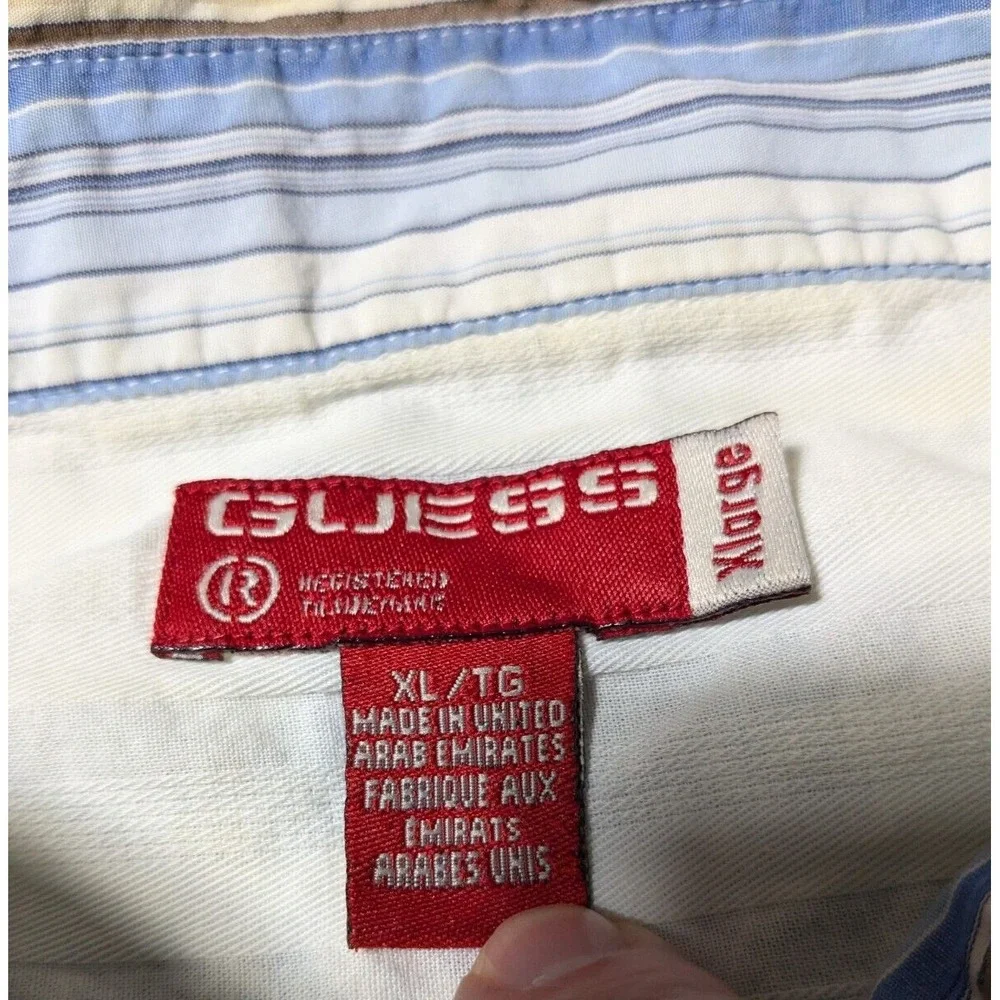 GUESS Covered-Placket Men XL‎ Blue Brown Yellow Striped Cotton Button Shirt